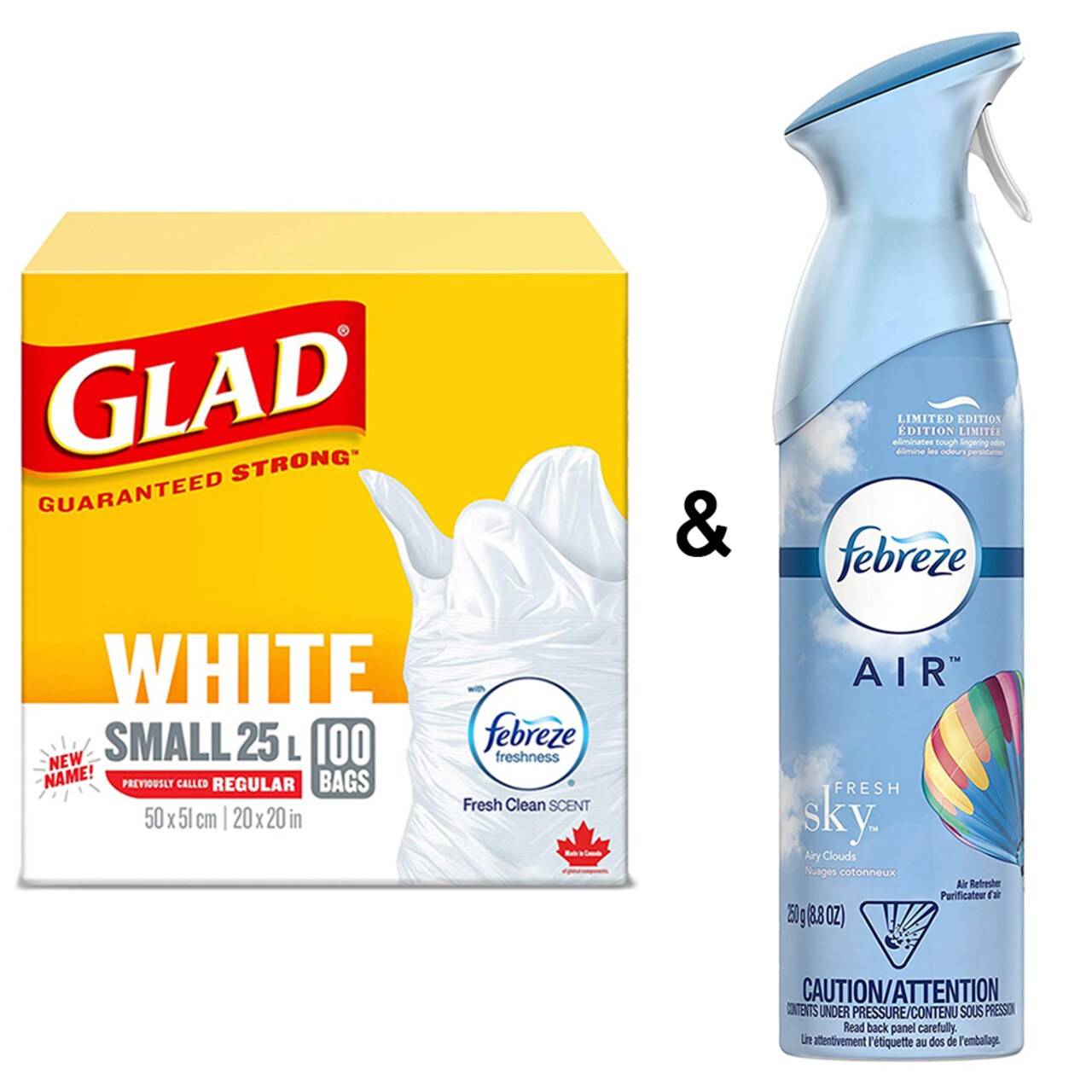 Febreze Glad White Garbage Bags - Small 25-Litres - Fresh Clean Scent, 24 Trash Bags by and Air Freshener Linen and Sky